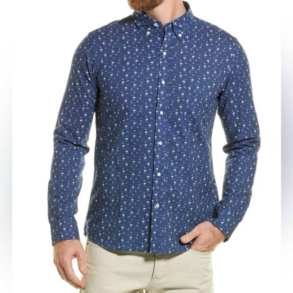 NEW J Mclaughlin Shirt Mens XL Blue Shark‎ Print Westend Button Down Long Sleeve